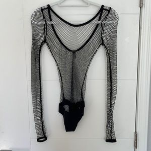VS long sleeve black fishnet thong bodysuit- XS-1999